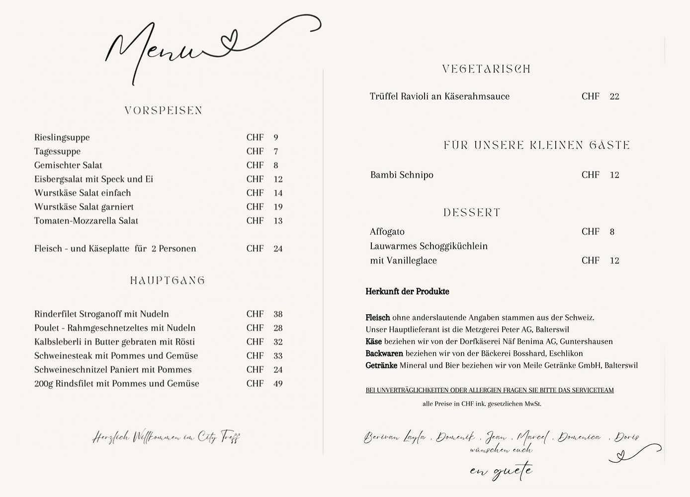 Abendkarte Restaurant City Treff Eschlikon TG_Juli 2025